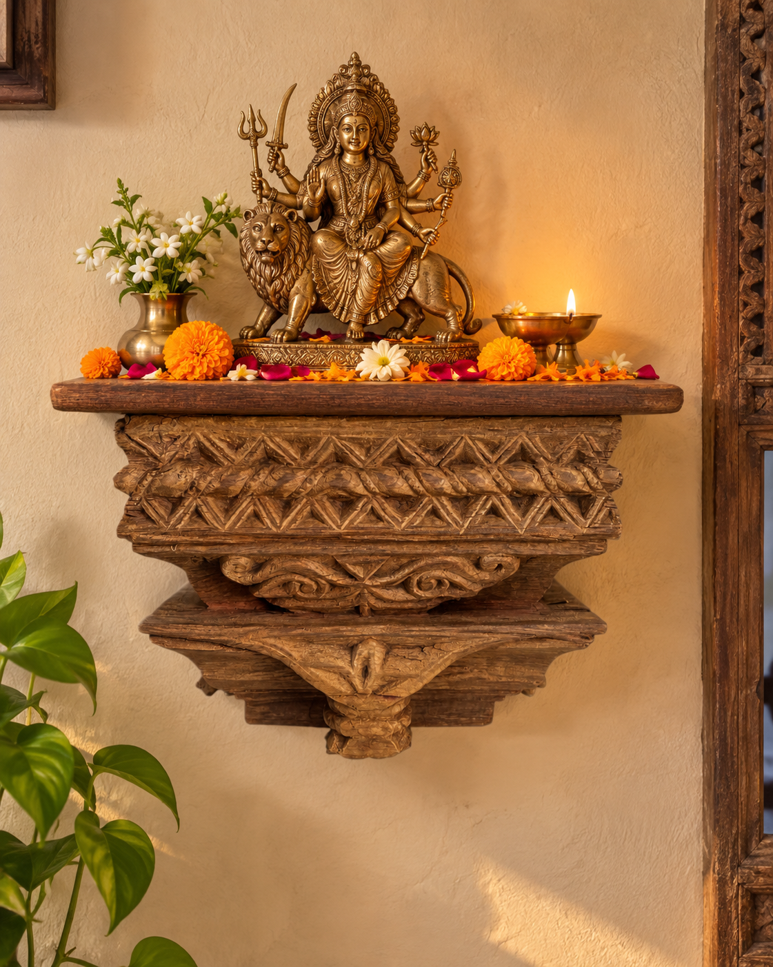 hand-carved geometric wooden corbel wall shelf