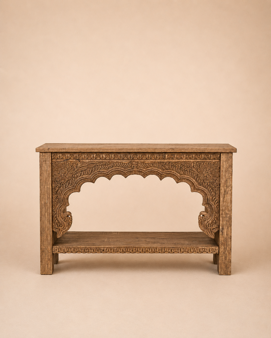 vintage hand-carved floral teak wood console table with shelf