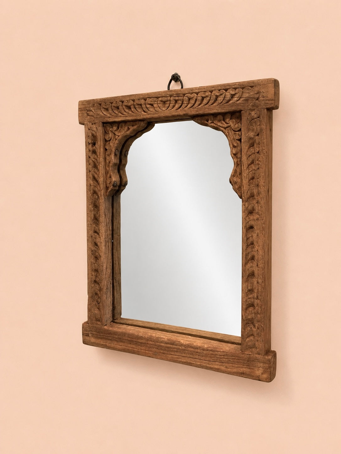 vintage hand-carved teak wood wall hanging mirror frame