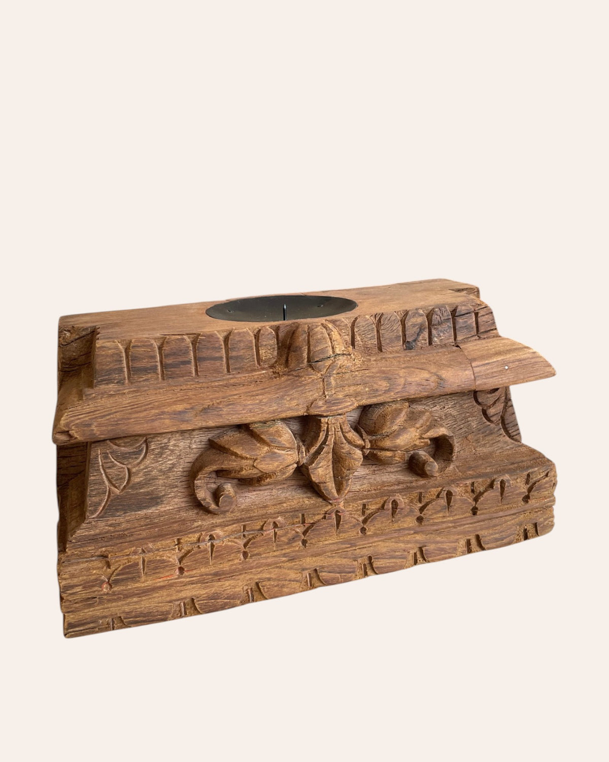 vintage floral carved teak wood candle holder