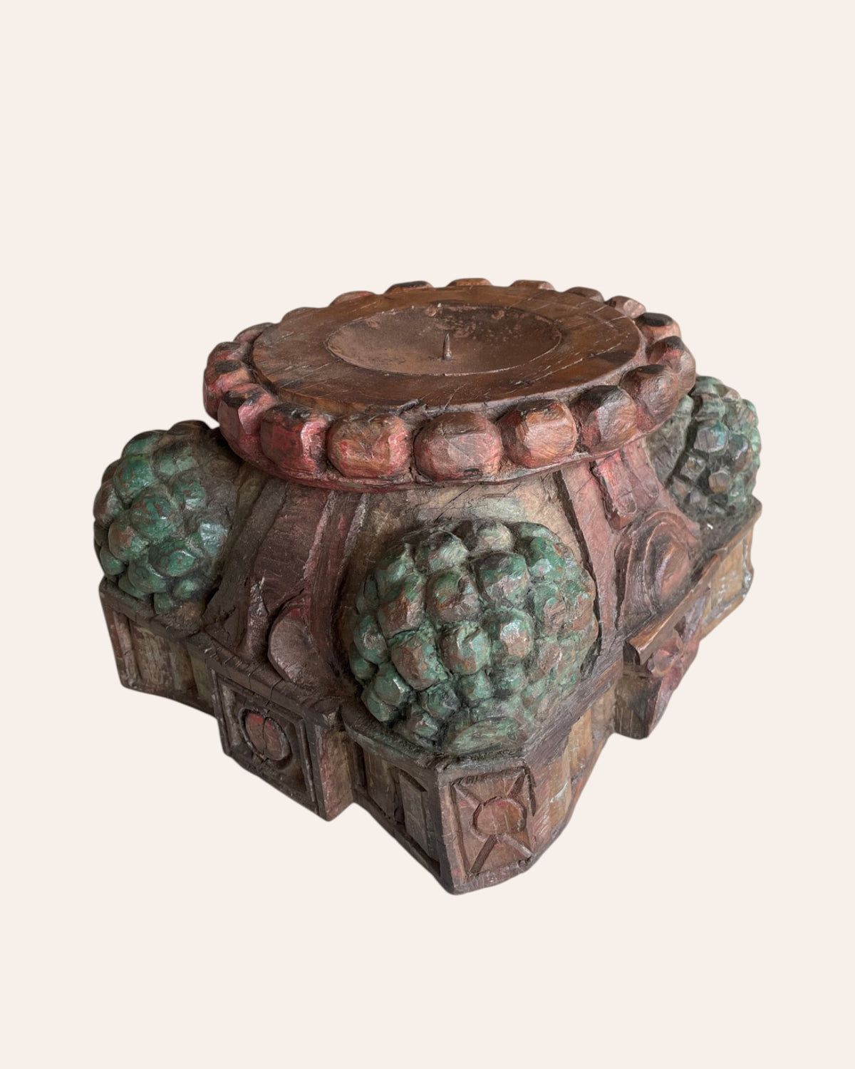 vintage hand-carved wooden pillar base candle holder
