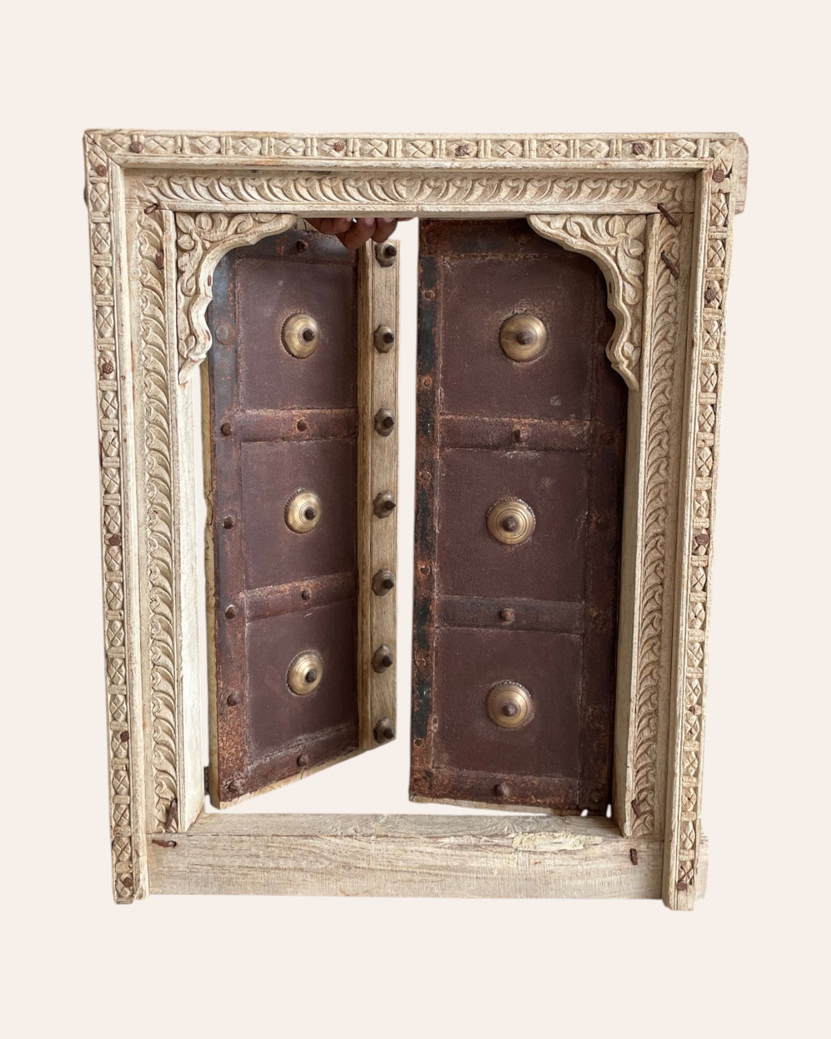 vintage hand-carved shekhawati haveli window with opening shutters