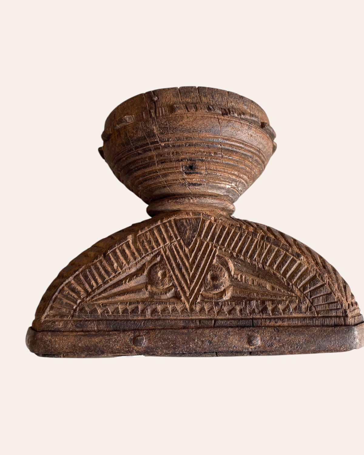 vintage intricately hand-carved wooden bowl candle, planter & statue holder