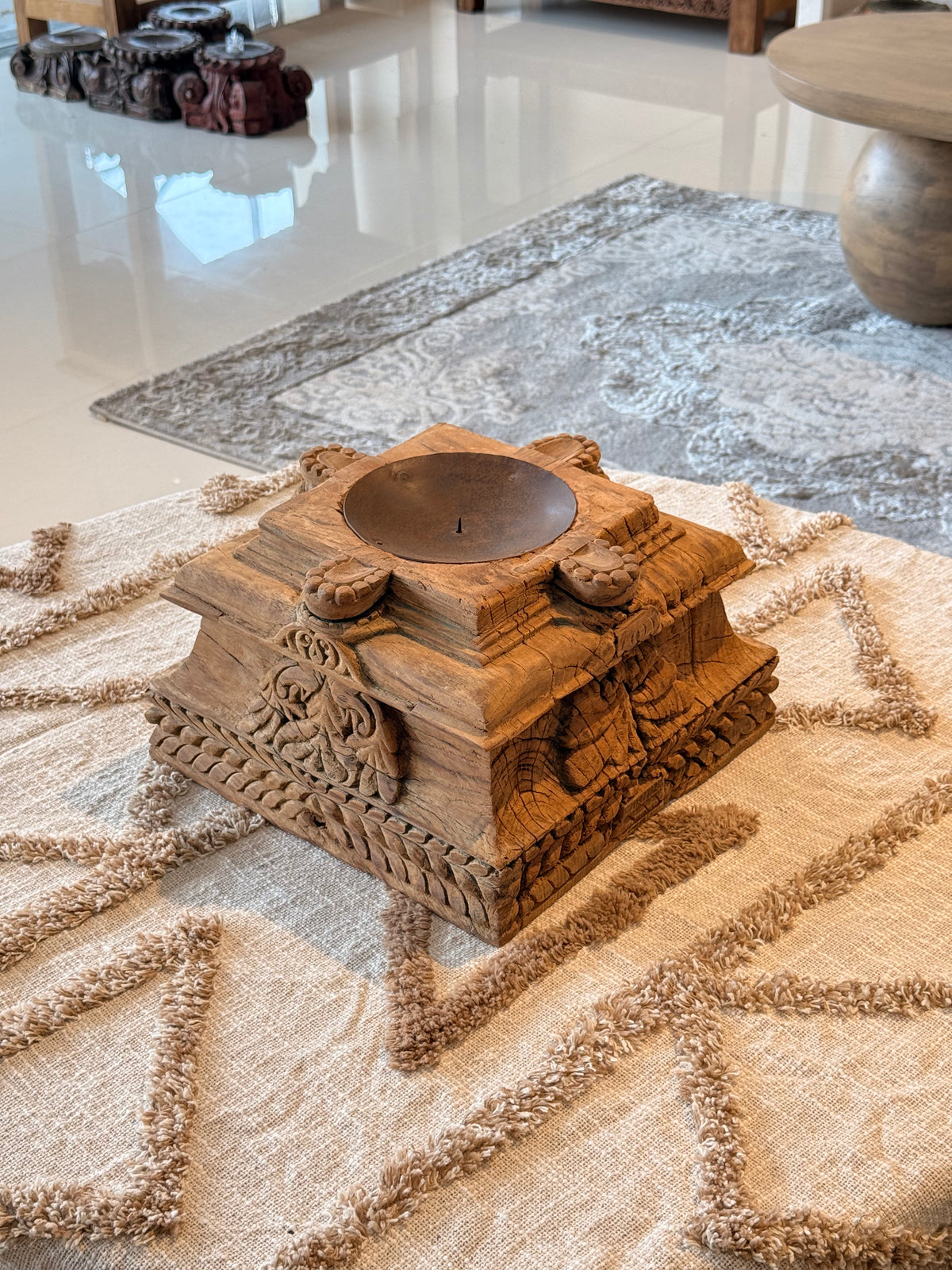 vintage gujarat hand-carved wooden pillar base candle holder