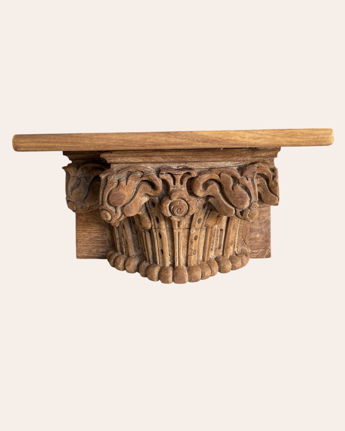 vintage hand-carved wooden floral wall shelf – natural brown finish
