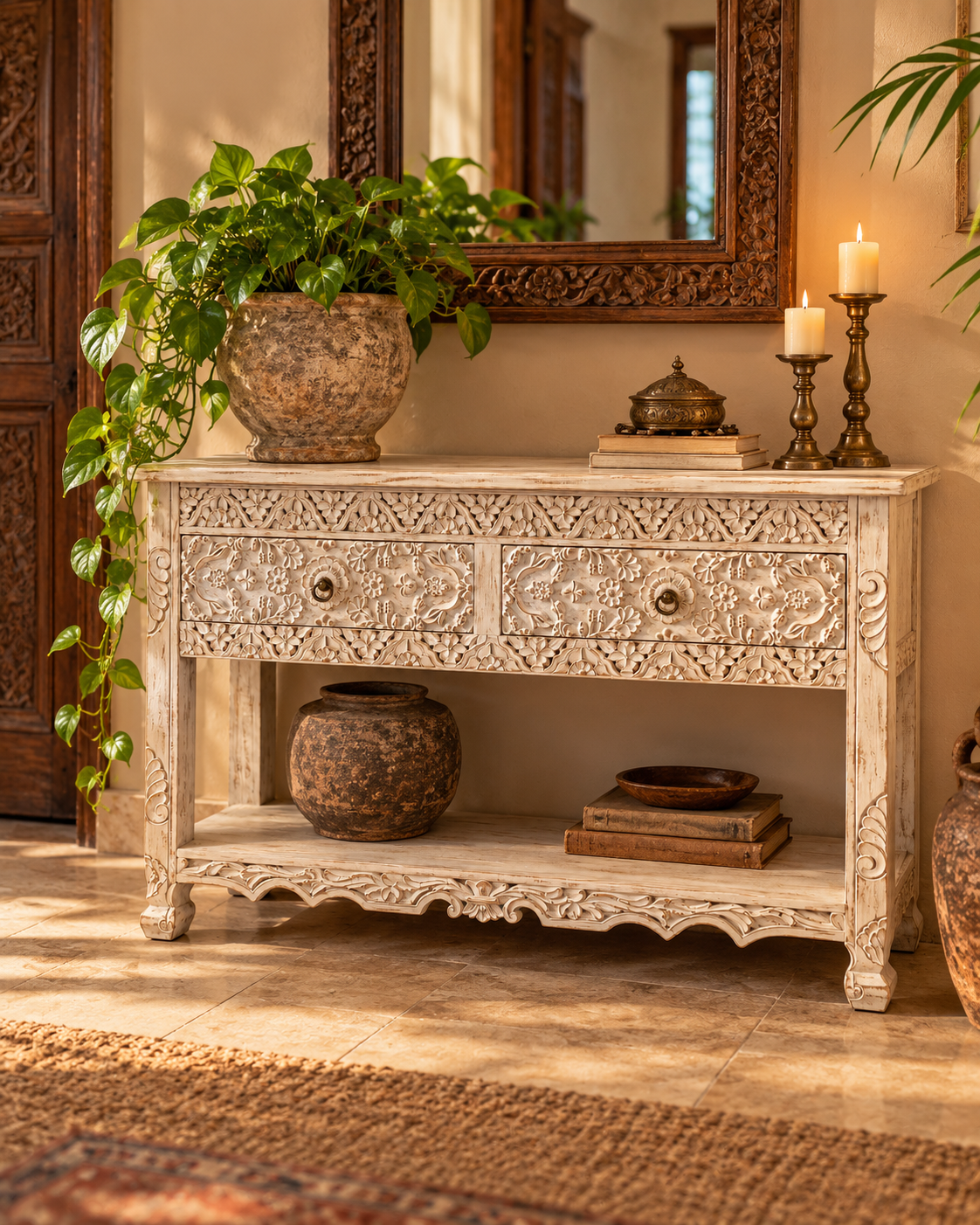 white hand-carved floral wooden console table with drawer