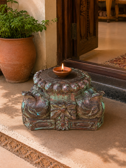 Vintage Distressed Green Hand-Carved Pillar Base Plant, Statue & Candle Stand