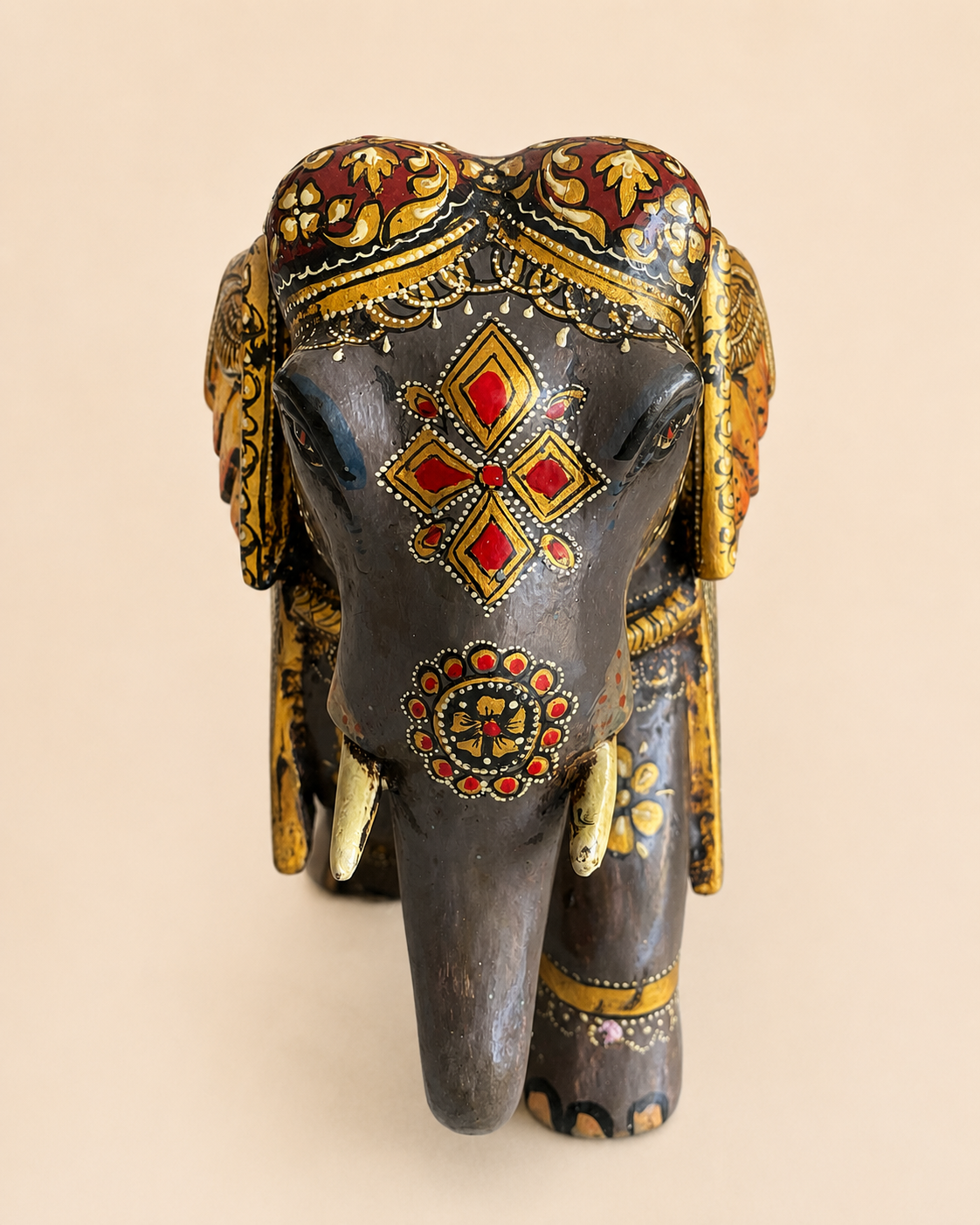 royal rajasthani hand-painted wooden elephant sculpture / raja rani painting elephant