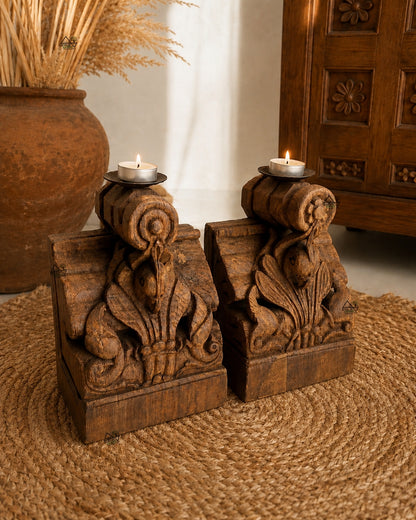 Vintage Teak Wood Parrot Candle Holders – Set of 2