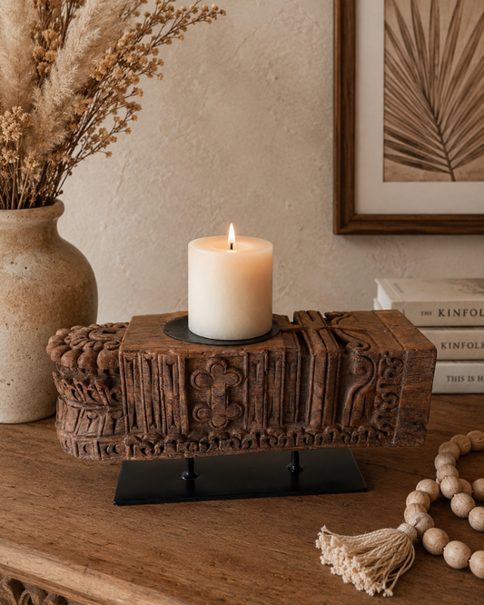 Vintage Handarved Wooden Candle Holder on Iron Stand