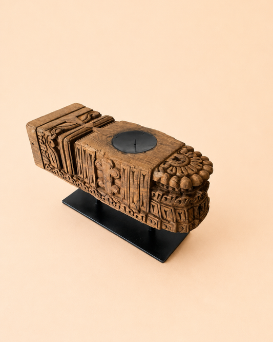 Vintage Handarved Wooden Candle Holder on Iron Stand