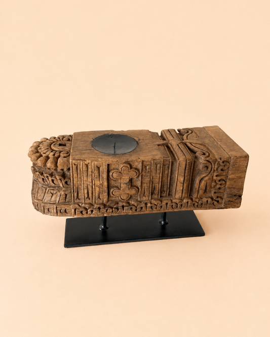 Vintage Handarved Wooden Candle Holder on Iron Stand