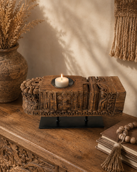 Vintage Handarved Wooden Candle Holder on Iron Stand