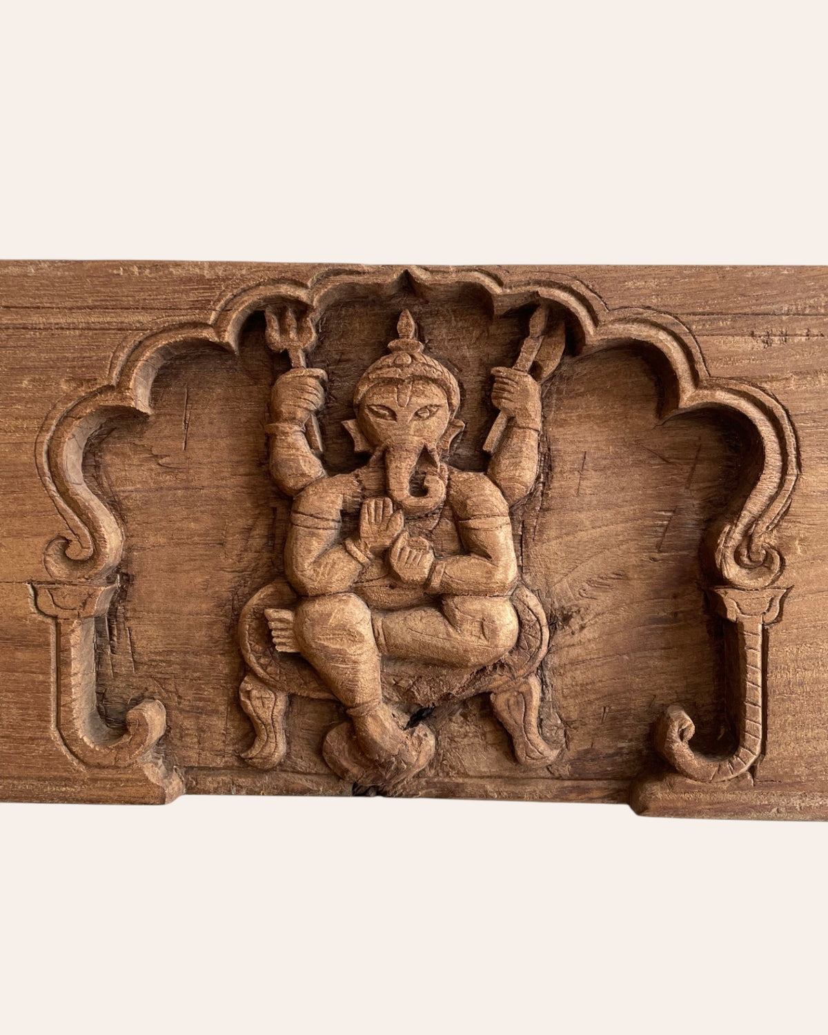 vintage hand-carved ganesh & elephant motif wooden temple wall panel
