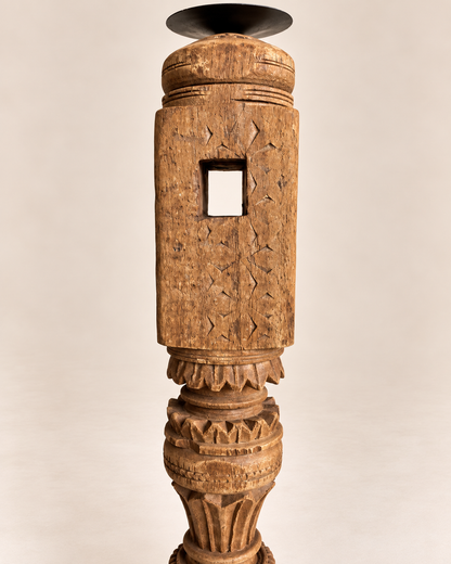 Vintage Carved Wooden Charpai Leg Candle Stand / Statue Holder / Plant Holder - Natural Finish