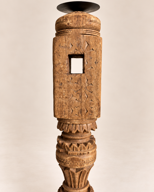 Vintage Carved Wooden Charpai Leg Candle Stand / Statue Holder / Plant Holder - Natural Finish