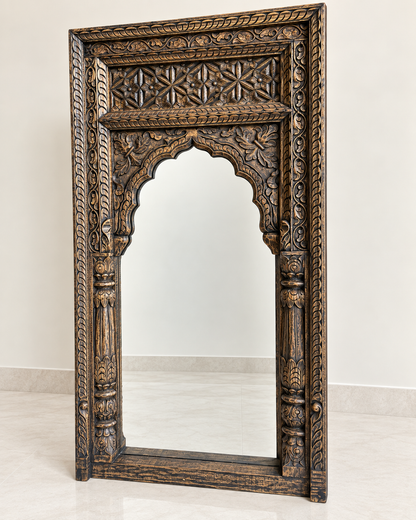 Vintage Hand-Carved Wooden Mirror Frame – Charcoal & Antique Gold Finish