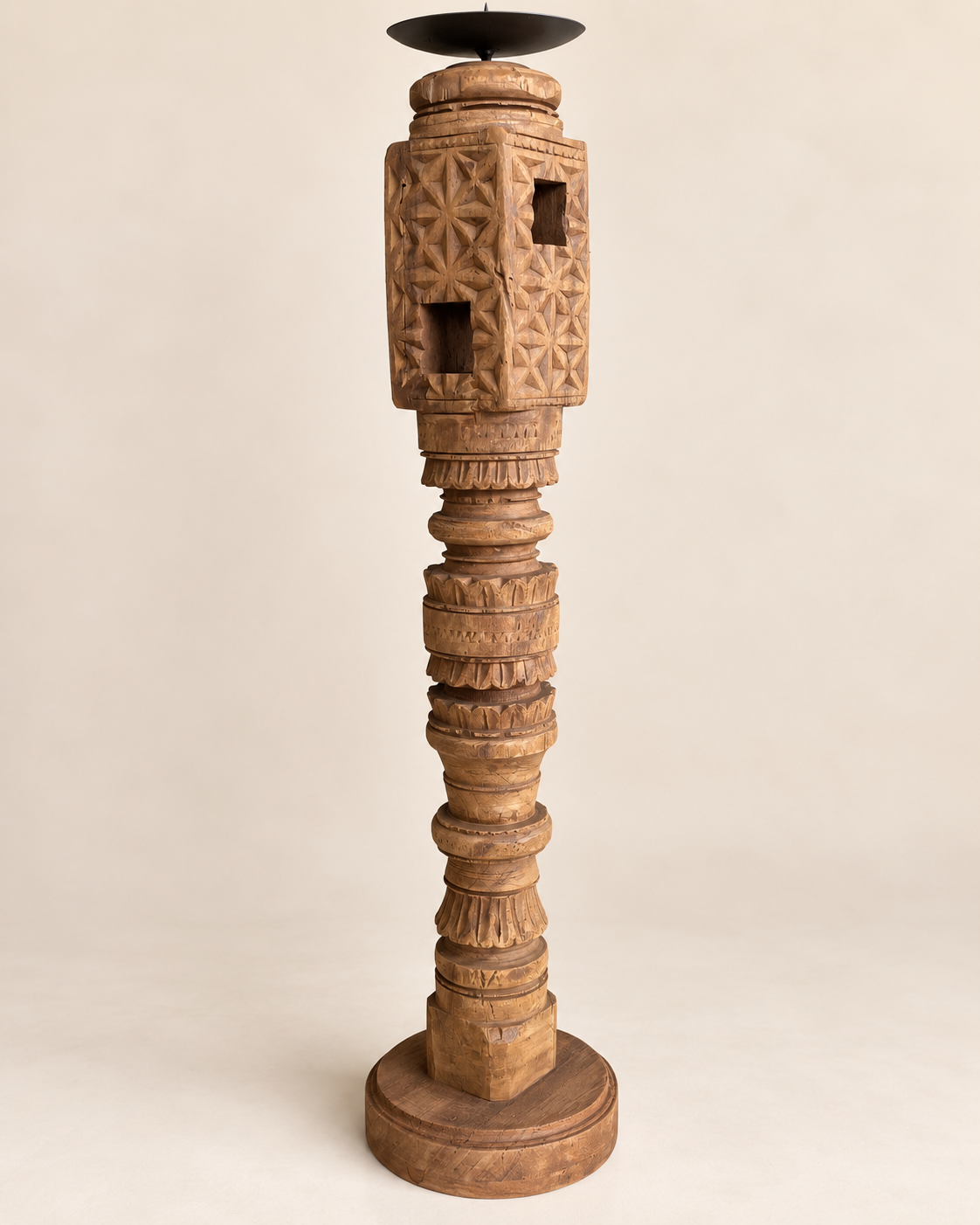 vintage hand-carved wooden charpai leg candle stand – natural wood finish