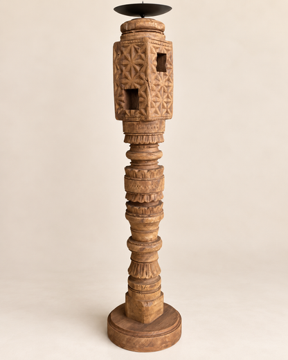 Vintage Hand-Carved Wooden Charpai Leg Candle Stand – Natural Wood Finish