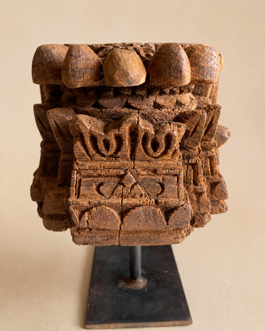 vintage hand-carved teak wood double candle holder on iron stand
