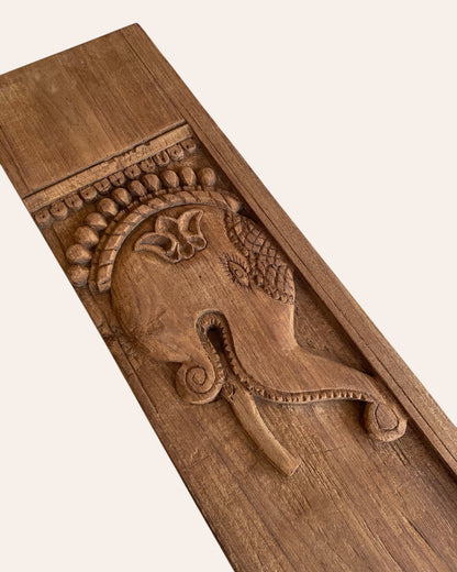 Vintage Hand-Carved Ganesh & Elephant Motif Wooden Temple Wall Panel