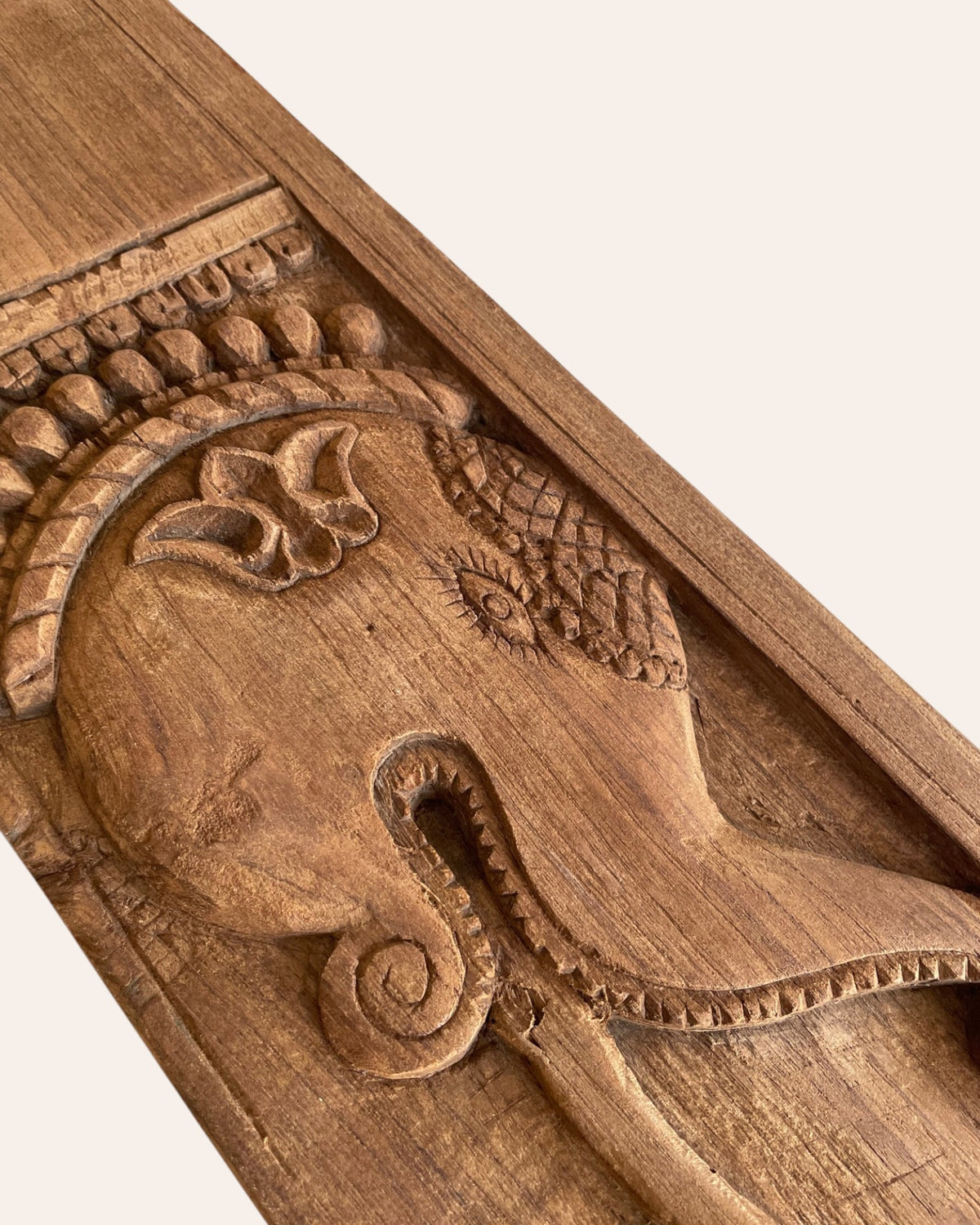 vintage hand-carved ganesh & elephant motif wooden temple wall panel