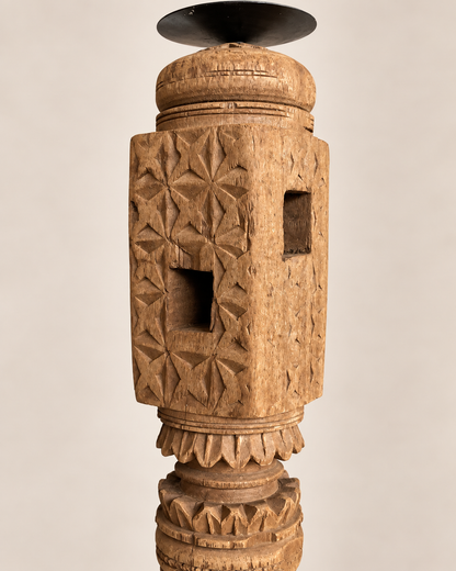 Vintage Carved Wooden Charpai Leg Candle Stand / Statue Holder / Plant Holder - Natural Finish
