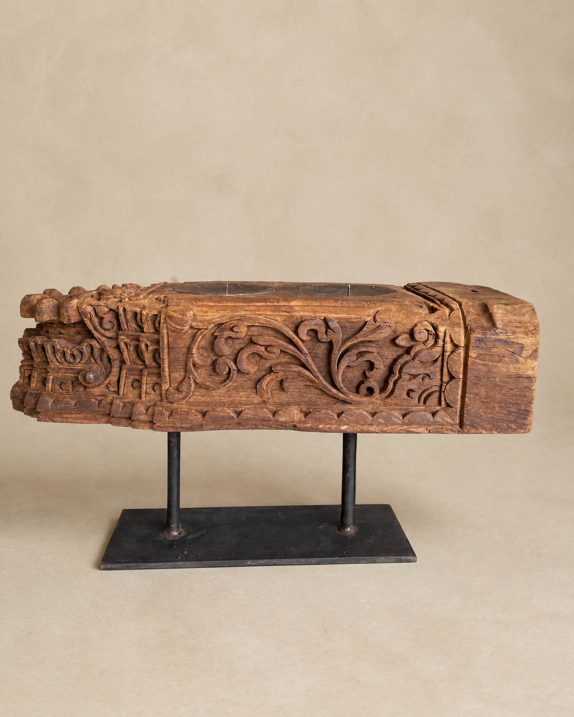 vintage hand-carved teak wood double candle holder on iron stand
