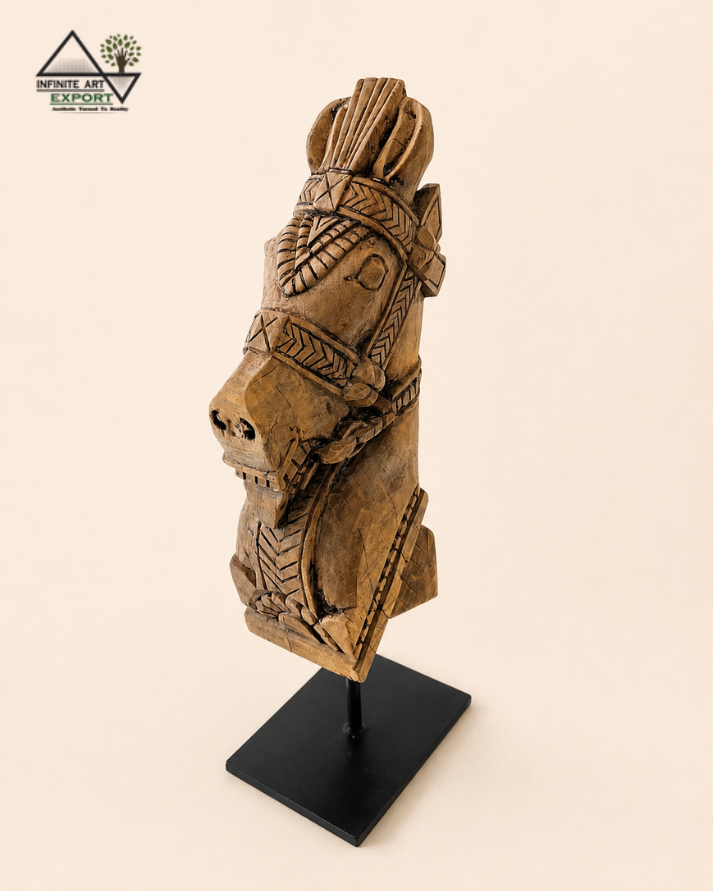 vintage natural wood horse head sculpture on iron stand