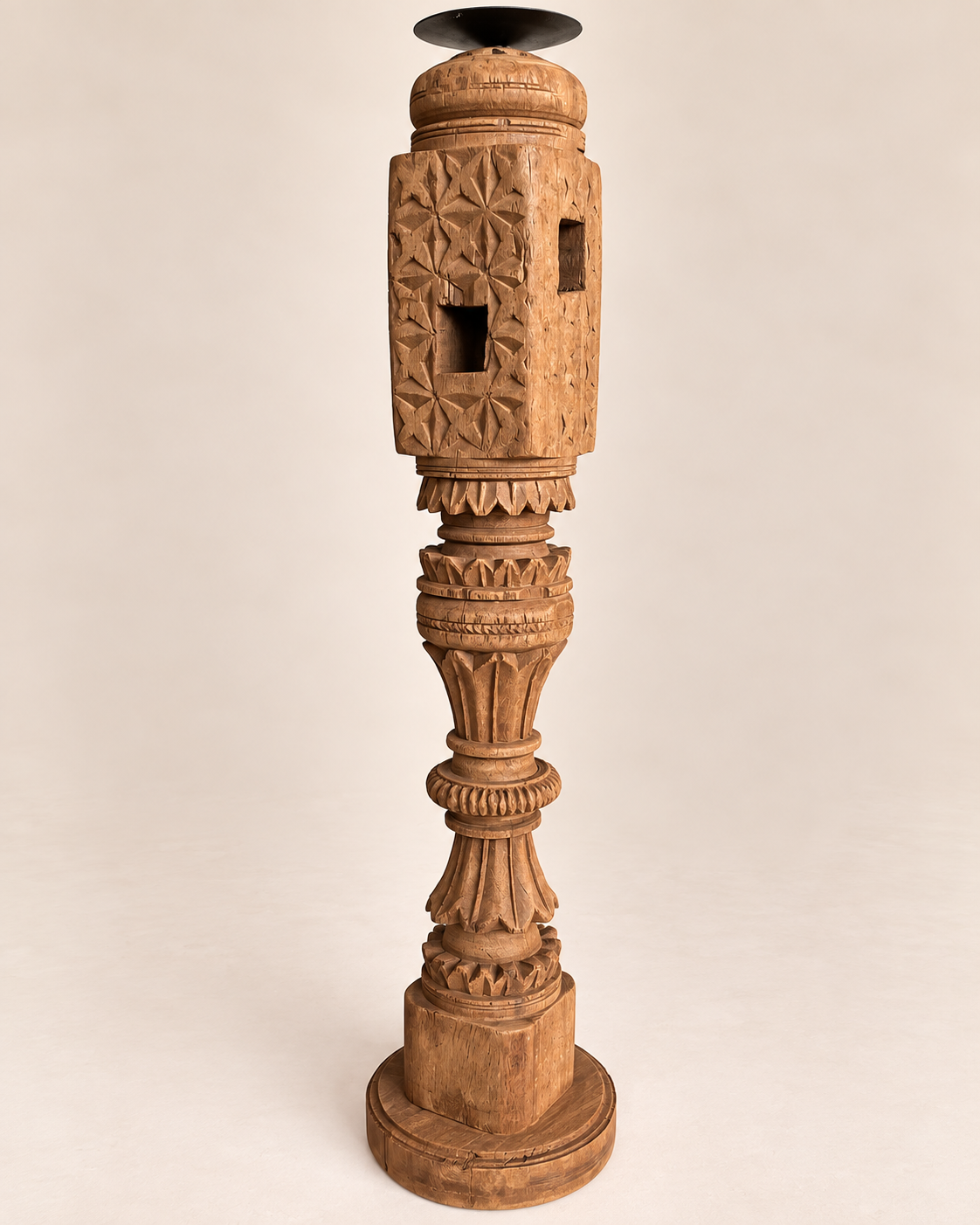 vintage carved wooden charpai leg candle stand / statue holder / plant holder - natural finish