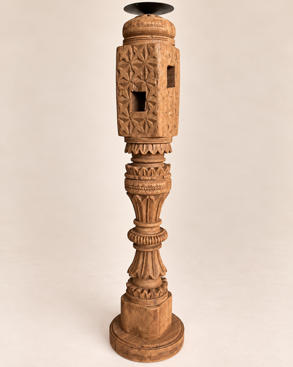 Vintage Carved Wooden Charpai Leg Candle Stand / Statue Holder / Plant Holder - Natural Finish