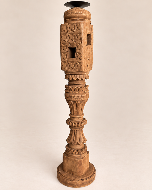 Vintage Carved Wooden Charpai Leg Candle Stand / Statue Holder / Plant Holder - Natural Finish