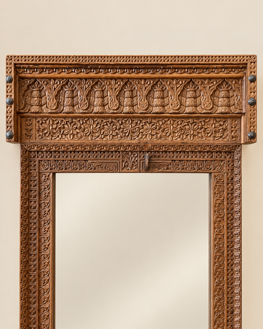Vintage Architectural Wooden Mirror Frame with Craved Panel