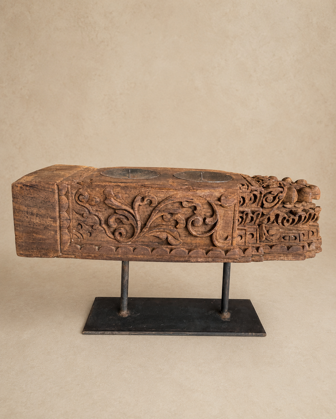 vintage hand-carved teak wood double candle holder on iron stand