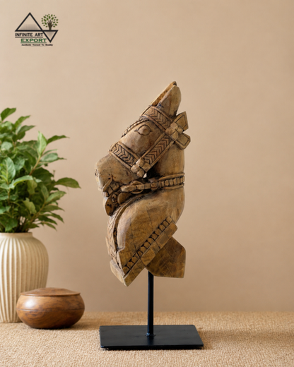Vintage Natural Wood Horse Head Sculpture on Iron Stand