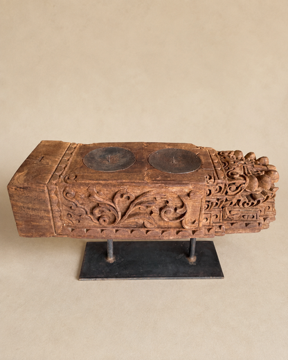 Vintage Hand-Carved Teak Wood Double Candle Holder on Iron Stand