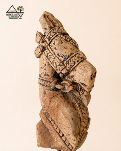 Vintage Natural Wood Horse Head Sculpture on Iron Stand