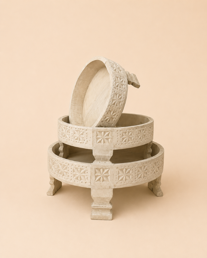 heritage mango wood chakki table set – set of 3