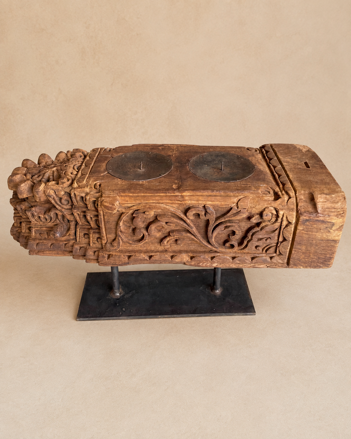 vintage hand-carved teak wood double candle holder on iron stand