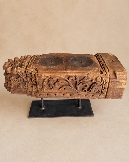 Vintage Hand-Carved Teak Wood Double Candle Holder on Iron Stand