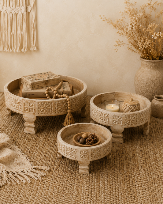 Heritage Mango Wood Chakki Table Set – Set of 3