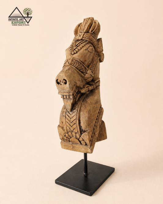 Vintage Natural Wood Horse Head Sculpture on Iron Stand