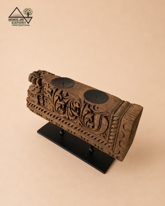 Vintage Carved Wooden Double Candle Holder on Iron Stand