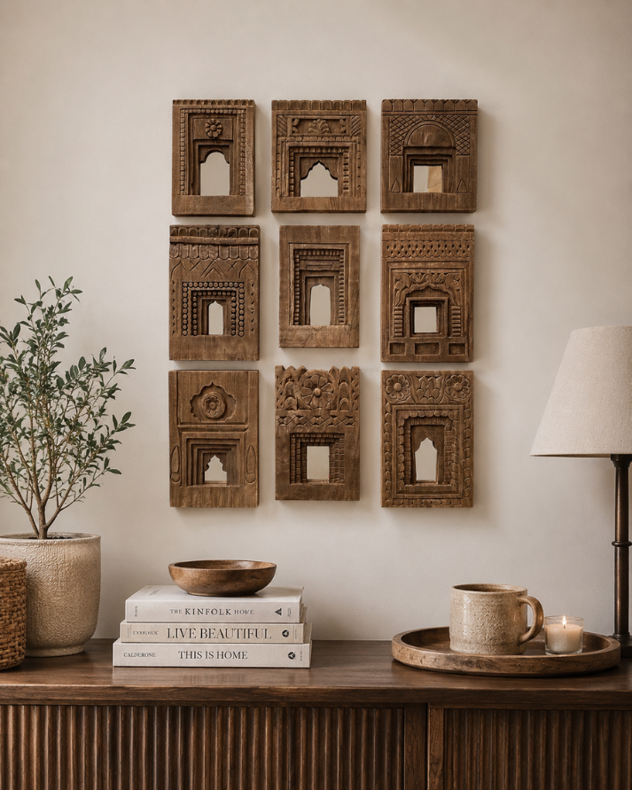 arch temple mirror frames natural (set of 9)
