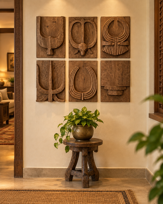 Naga-Inspired Carved Wooden Wall Décor Panels – Set of 6 / Natural Brown Finish