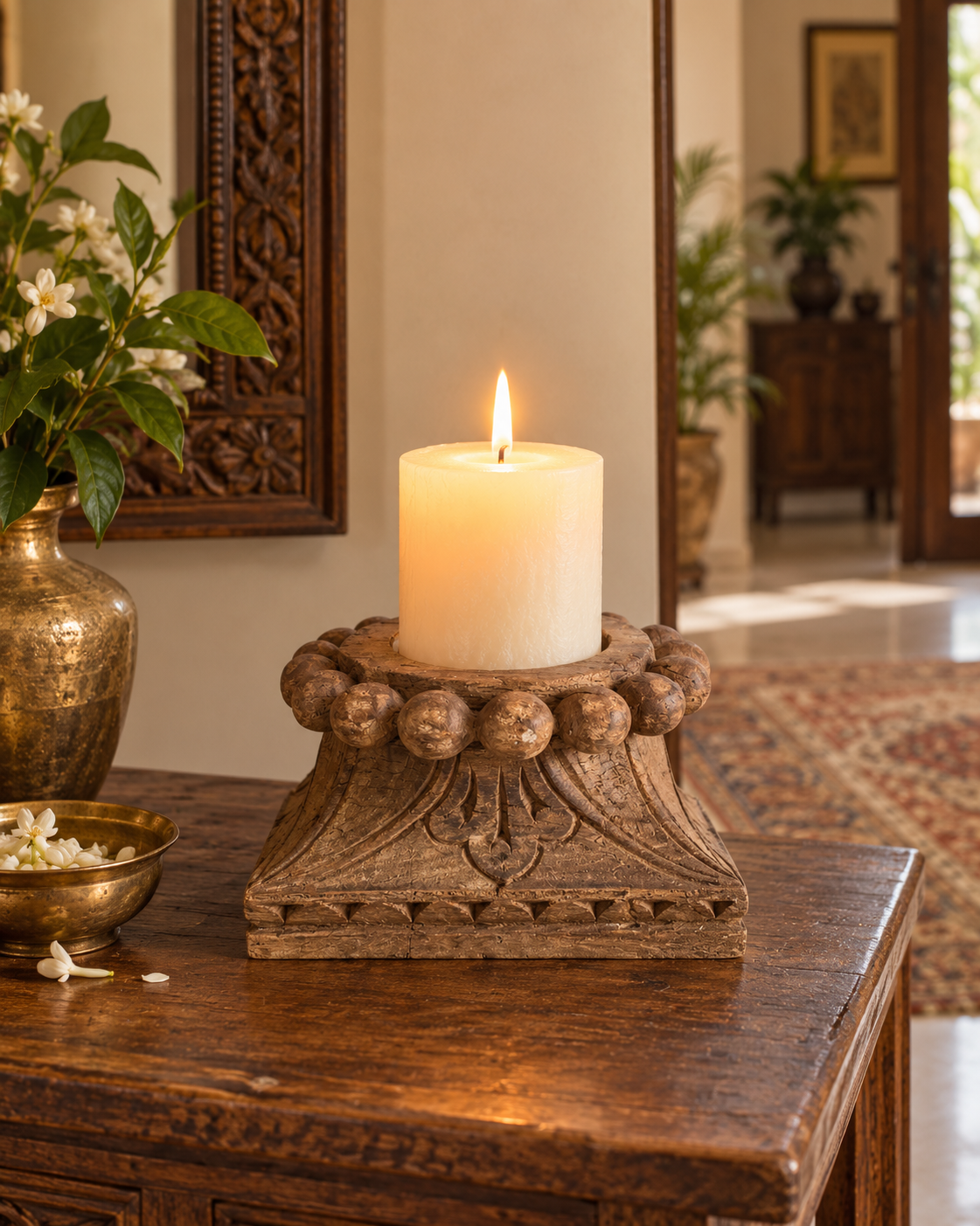 vintage hand-carved wooden architectural pillar base candle holder