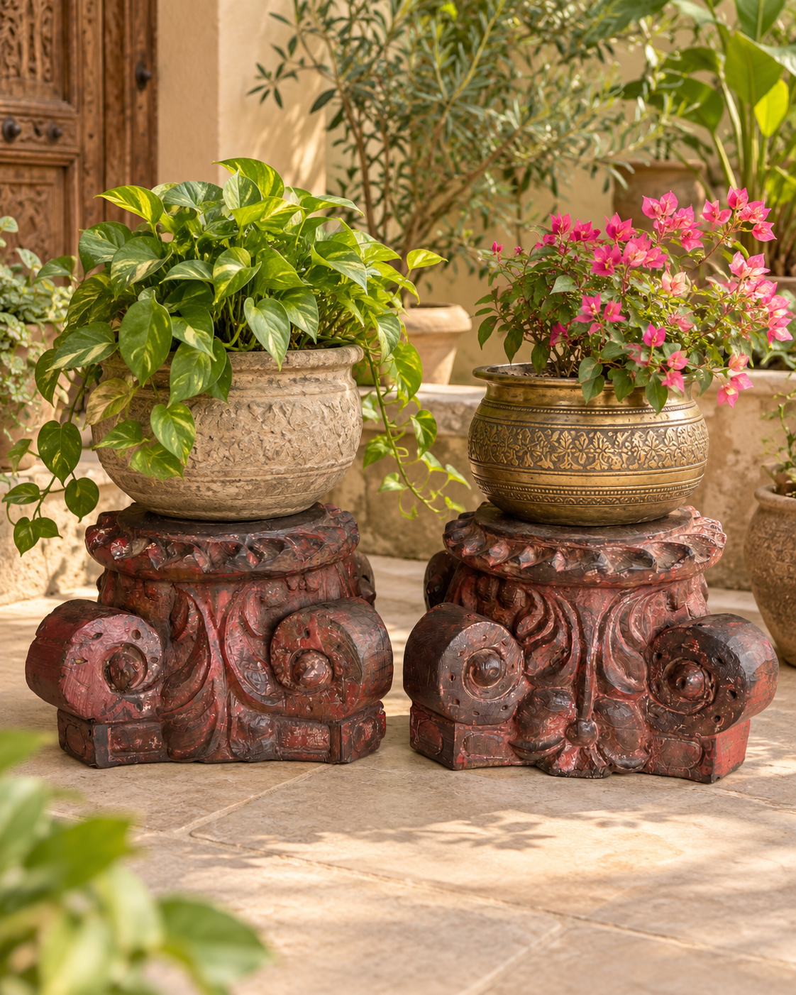 red hand-carved wooden pillar base plant, candle, diya, statue holders – set of 2