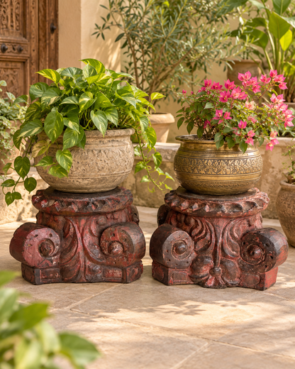 Red Hand-Carved Wooden Pillar Base Plant, Candle, Diya, Statue Holders – Set of 2