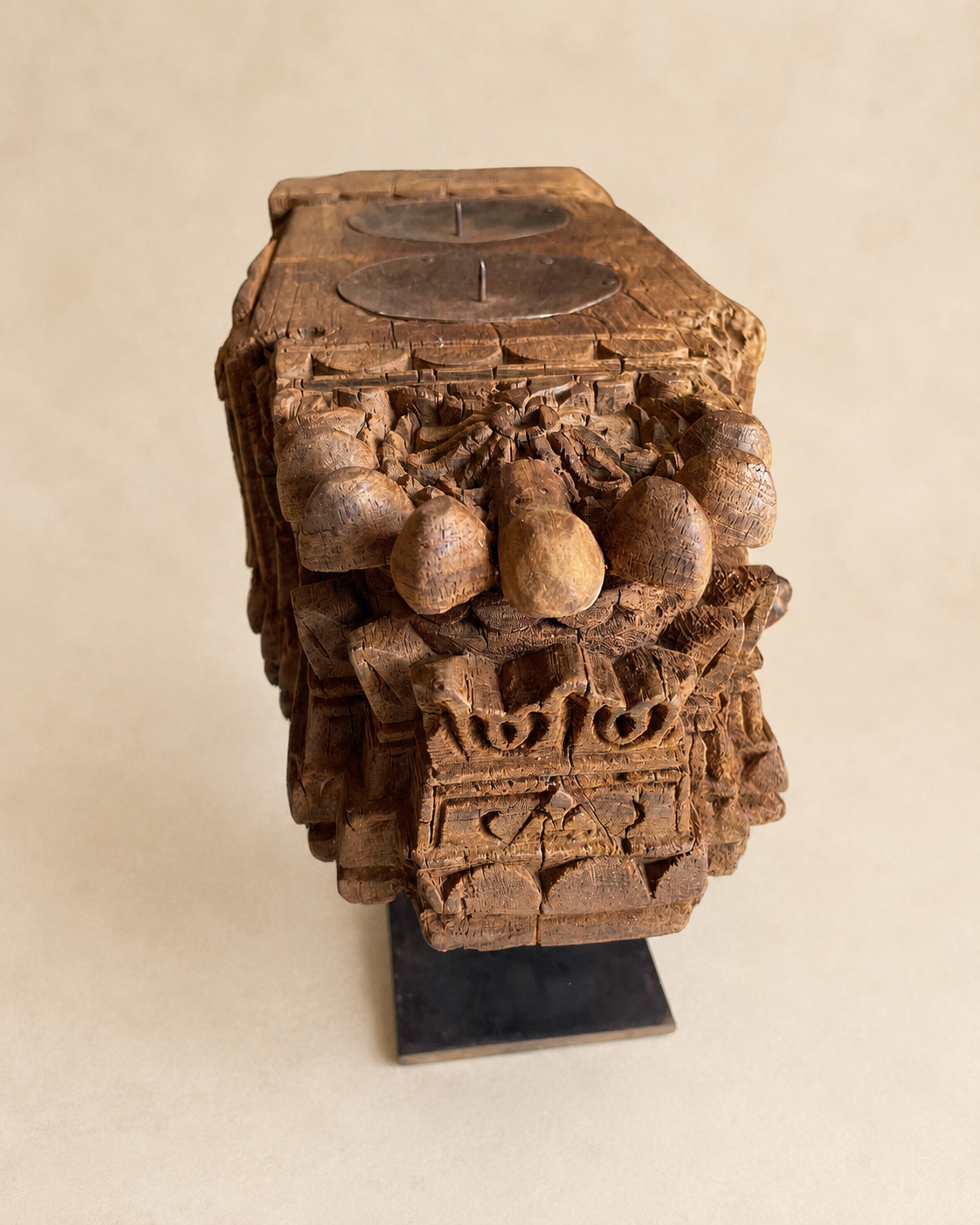 vintage hand-carved teak wood double candle holder on iron stand