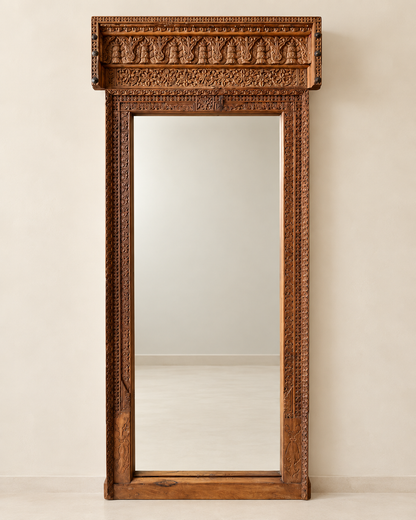 Vintage Architectural Wooden Mirror Frame with Craved Panel